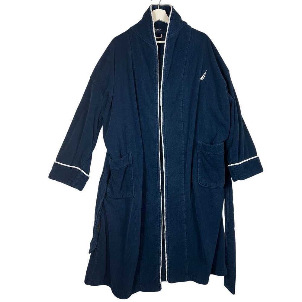 Nautica Mens Navy Blue Cotton Bathrobe With Piping Two Pockets & Adjustable Belt